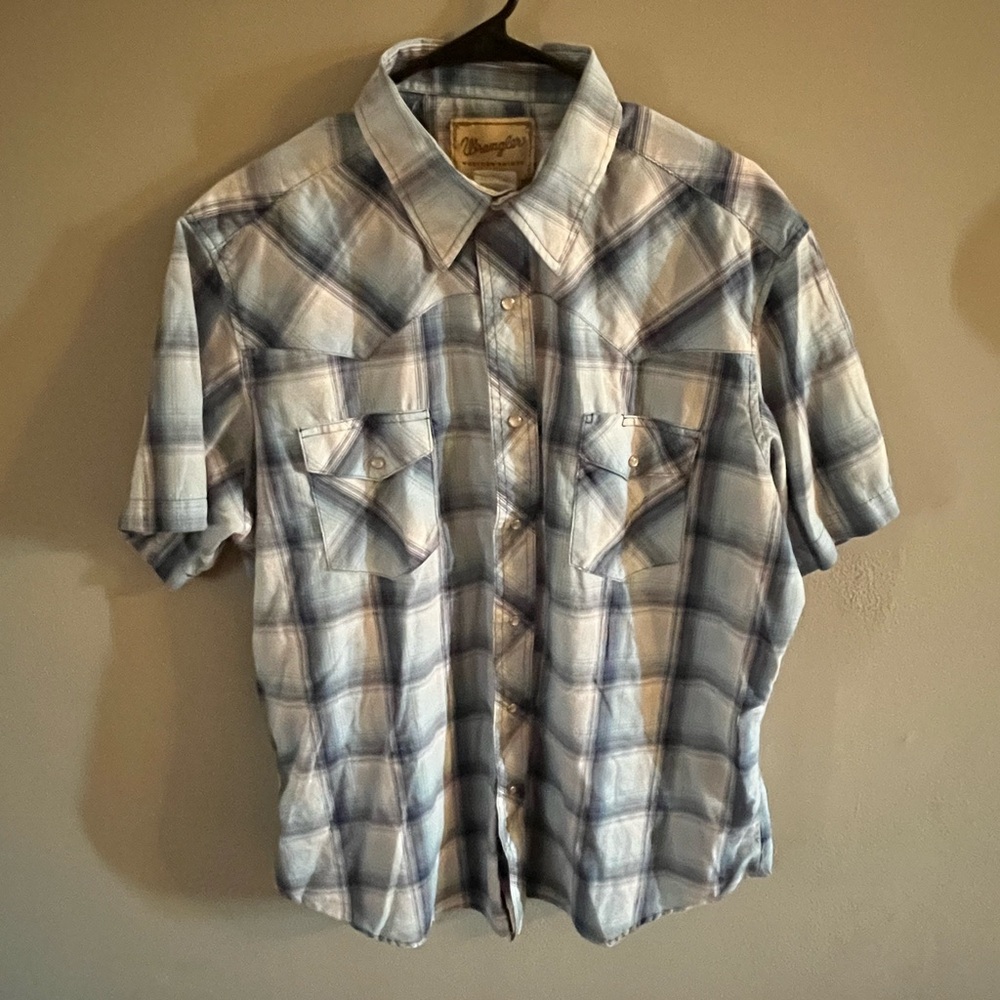 Wrangler Western Shirt Pearl Snap Short Sleeve Light Blue XL
